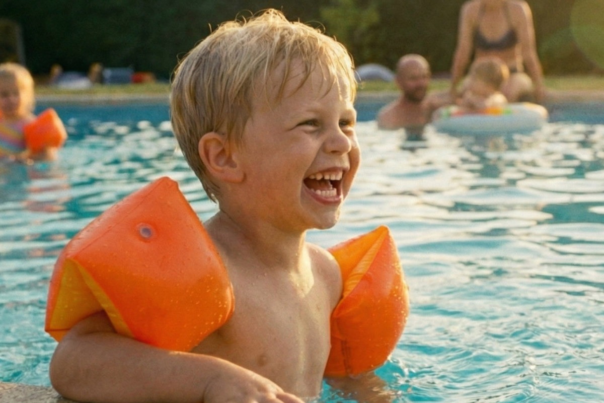 A young child wearing arm bands in a swimming pool on holiday with his family.
