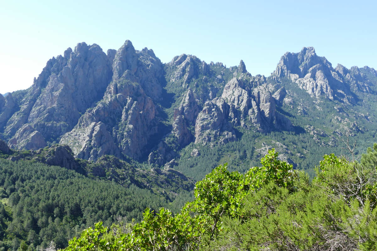Looking up at the Bavella Needles in Corsica.