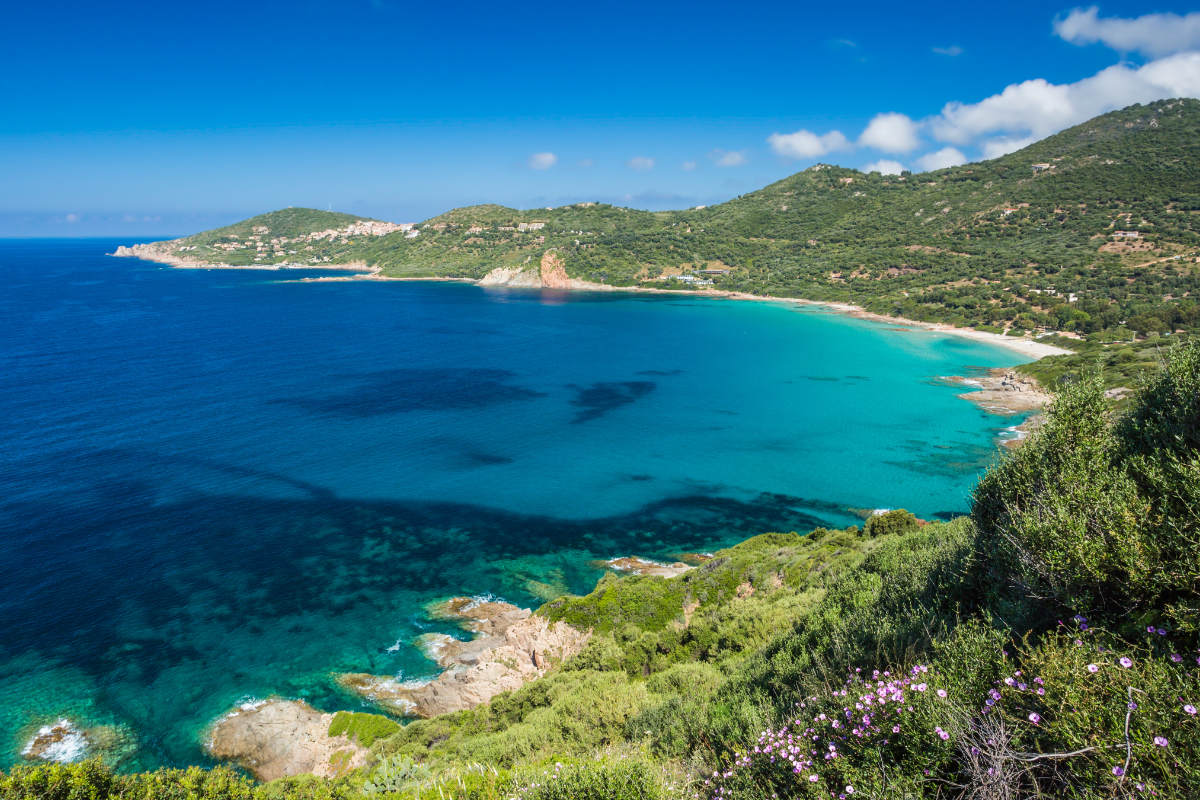 Looking over the bay and headland and down to Cargese beach in Corsica.