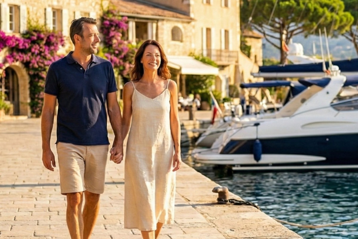 Couple on holiday enjoying a walk on a sunny day by the harbour