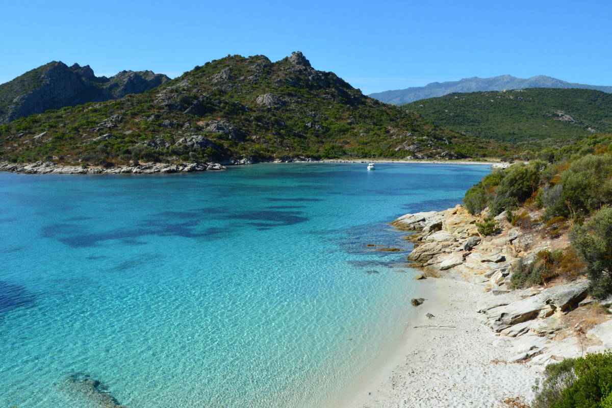 Crystal clear waters and sandy beach of Saint-Florent in Corsica.