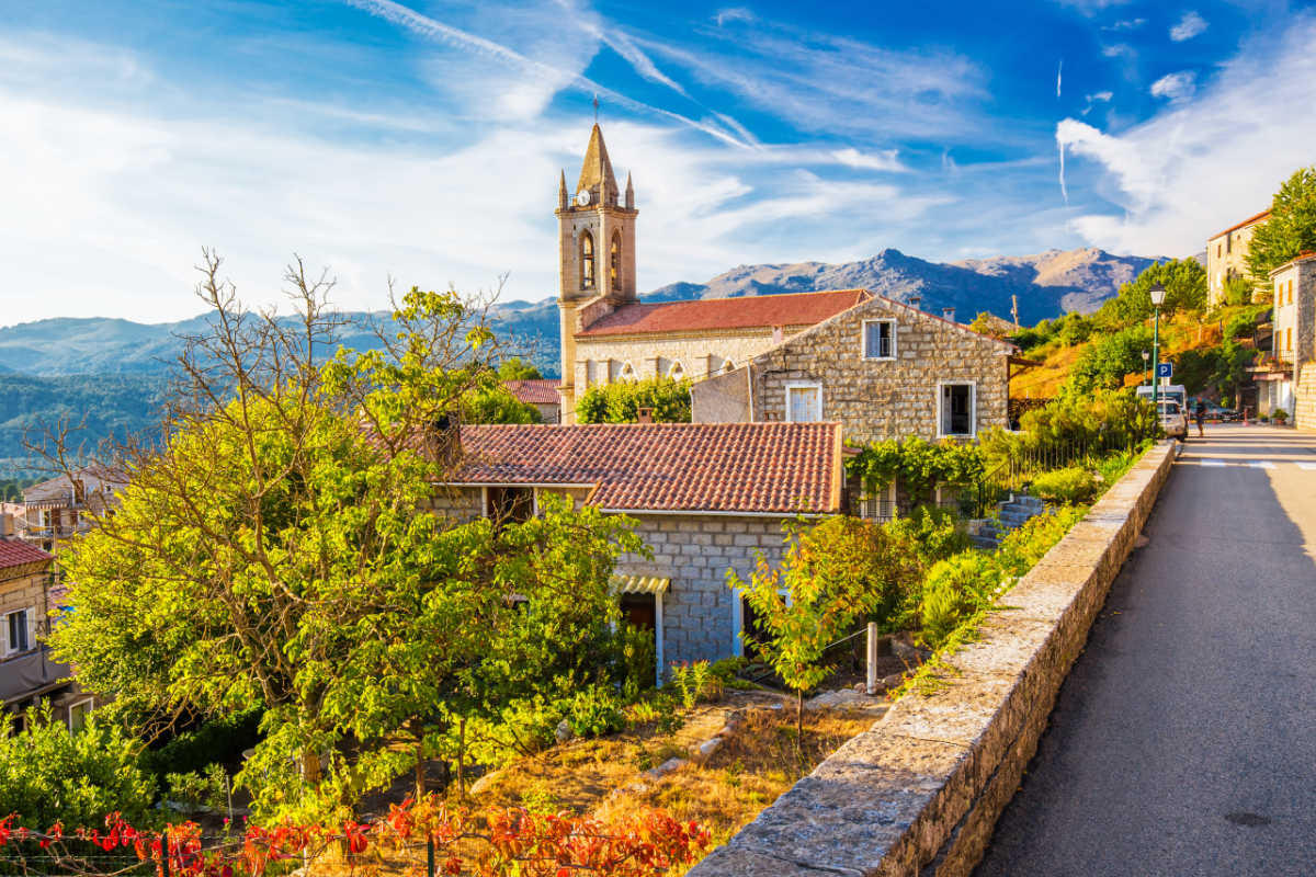 The traditional church and village of Zonza in Corsica.
